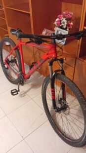 Esta imagen presenta una bicicleta de montaña de color rojo, destacando su diseño y componentes. Se encuentra en un espacio interior, rodeada de muebles de madera y decoraciones florales. Ideal para entusiastas del ciclismo y la aventura.