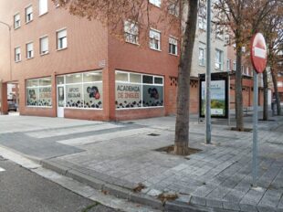 La imagen muestra la fachada de la academia de inglés Study & Go, ubicada en una calle tranquila. Se pueden ver ventanas amplias con anuncios sobre apoyo escolar. El entorno está adornado con árboles y mobiliario urbano.